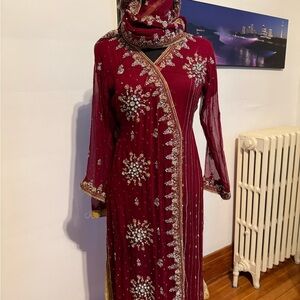 Elegant Maroon Embellished Women's Dress with Scarf